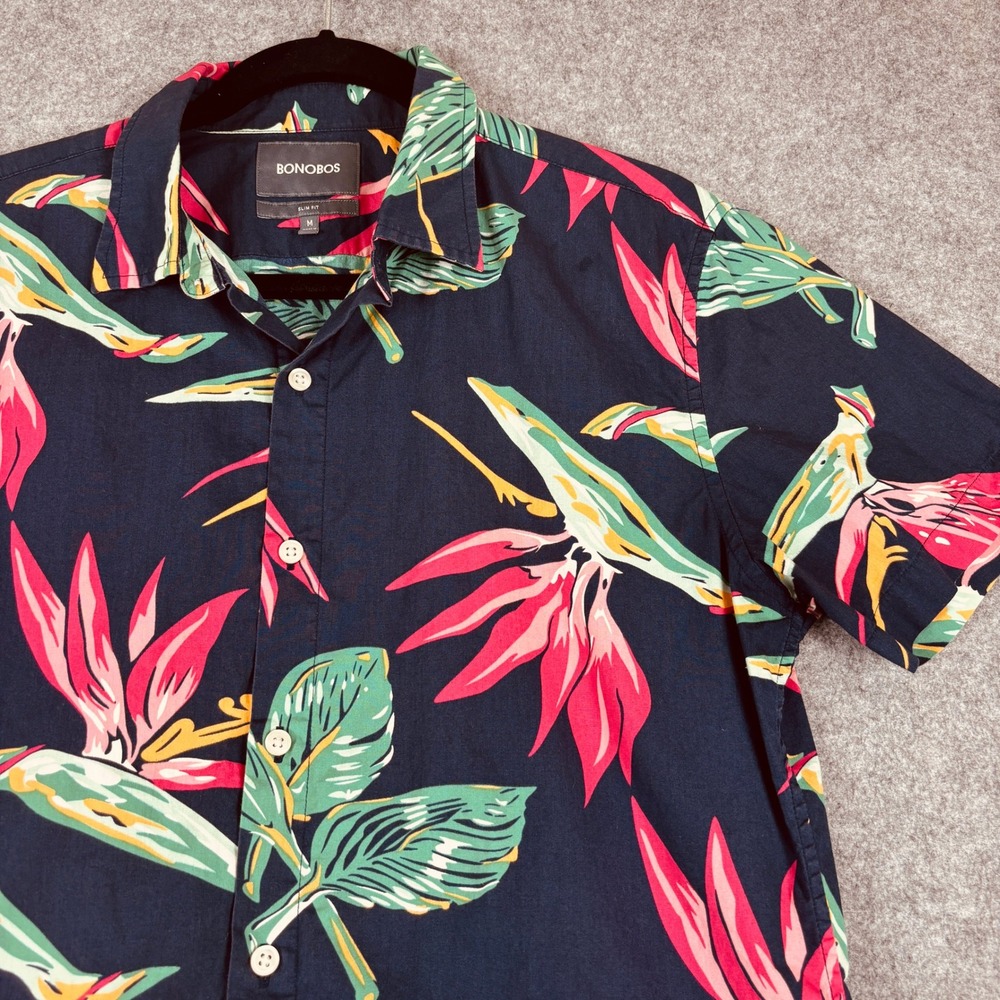 Bonobos Floral Button Down Shirt Mens Medium Navy Blue Slim Fit Short Sleeve - Picture 2 of 9